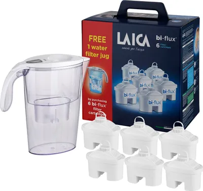A water filter pitcher and its packaging, including multiple filter cartridges.