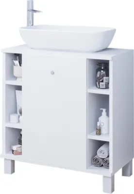 A white bathroom vanity with a vessel sink and faucet on top, and shelves on the sides.