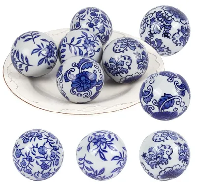 Image de Elzusha - 10 boules décoratives en porcelaine, bleu et blanc