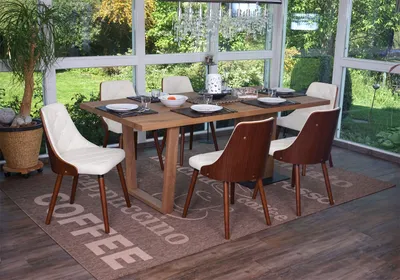Image de lot de 6 chaises de salle à manger HWC-A75, chaise de cuisine visiteur, aspect noyer bois courbé ~ similicuir blanc
