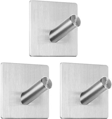 Imagen del producto de Ganchos adhesivos para toallas Ibzoa® de acero inoxidable resistente a la corrosión, juego de 3 unidades, sin necesidad de taladrar, forma cuadrada de 45 mm, acabado mate, capacidad de hasta 8 kg, ideales para baño y cocina