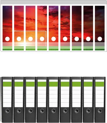 Produktbild von Wallario 9 Stück breite Ordner inkl. Klebeetiketten mit Motive Fußball - Fußballfeld bei Sonnenuntergang -  Set mit Rückenschildern / Ordnerrücken Stickern