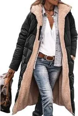 Produktbild von ASKSA Damen Lang Daunenmantel Warm Fleece Reversibel Winterjacke Kapuze Fleecejacke Daunenjacke Mantel, Schwarz, XL