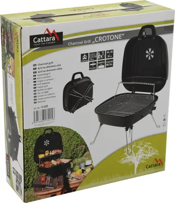 The image shows the retail packaging for a charcoal grill, with product images and descriptive text.