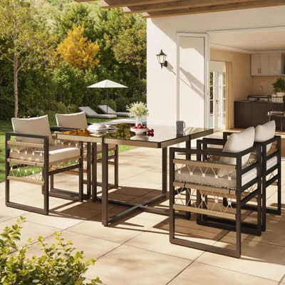 Produktbild von Handgewebte Sofagarnitur für 4 Personen, Terrassenmöbel-Set mit Tischen aus gehärtetem Glas, wetterfeste Outdoor-Sofagarnitur für Balkone