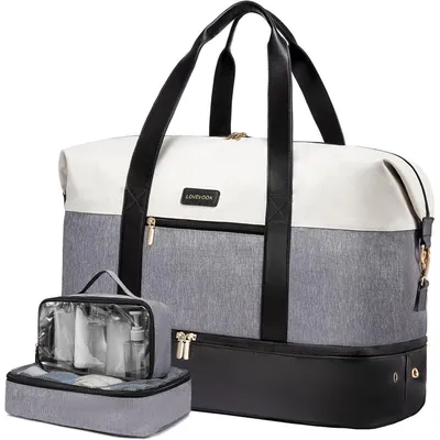 Productafbeelding van Reistas, sporttas, dames, 45 liter, weekendtas, tas voor ziekenhuisbezoek, met toilettas, schoenvak, geschikt als handbagage, vliegtuig, 45x36x20 cm, beige, grijs, zwart