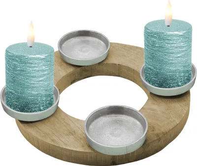 Produktbild von Mango Adventskranz für 4 Stumpenkerzen - Ø 27 cm - Holz Kerzenständer mit Alu Kerzentellern - Weihnachten Advent Winter Tisch Deko Kerzenhalter