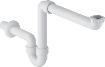 A white plastic sink trap assembly, also known as a P-trap or bottle trap, is shown against a white background.