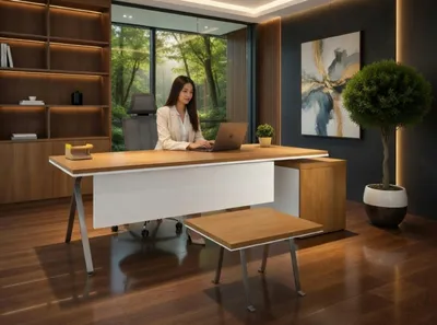 Produktbild von Modernes Büro Set mit Schreibtisch und Couchtisch Holz