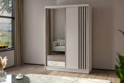Obrázok produktu pre AGMAT Lugo šatníková skriňa s posuvnými dverami, šatníková skriňa s 2 dverami a zrkadlom, moderný šatník vo farbe: biela / biela, rozmery šatníka: 150 x 216 x 61 cm