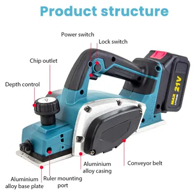 Image de Rabot électrique sans fil - Machine de travail du bois manuelle - Sans balais - 15 000 tr/min - Compatible avec batterie 18 V - Livré avec 2 batteries