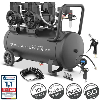 Produktbild von STAHLWERK Kompressor 60 L Tank, 10 bar, ölfrei 70 dB 2,9 kW (3,94 PS), 500 l/min