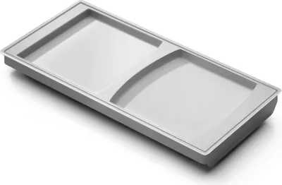 A gray plastic tray with two compartments is shown against a white background.