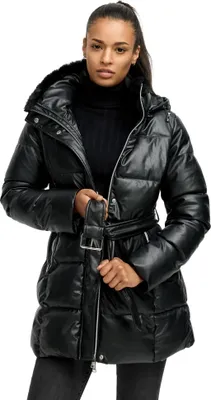 A woman wearing a black puffer coat.