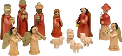 Handgeschnitzten Holzfiguren von Maria, Josef, das Jesuskind drei Weisen Hirten und Engel darstellen