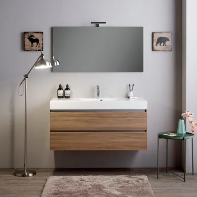 Immagine prodotto di Mobile bagno sospeso 120cm 2 cassetti rovere naturale, lavabo e specchio 120x60 | Valentina