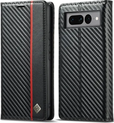 Produktbild von Hülle für Google Pixel 7 Kohlefaser Leder Brieftasche Schutzhülle mit Standfunktion Schwarz Vertikale Rot
