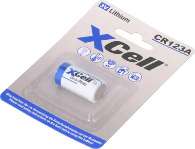 A single XCell CR123A lithium battery is displayed in its retail packaging.