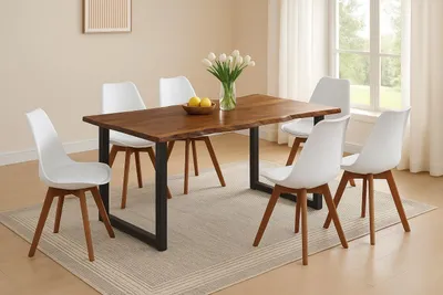 Produktbild von 7-TLG. Essgruppe Quinn | Esstisch mit 6 Stühlen | 160x85 cm | Esstisch mit echter Baumkante | Akazienholz massiv + Nussbaumfarben | U-Gestell Schwarz | 6X Schalenstuhl Weiß