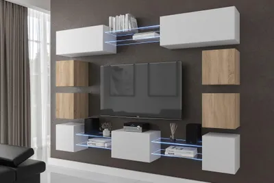 Produktbild von Furnitech Wohnwand Wohnzimmer - Wohnzimmer Möbel mit LED RGB - 16 Farben - Hängend Wohnwand Modern - Regale und TV Schrank (Future C80N-21WS-M32)