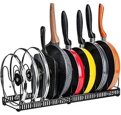 Produktbild von Pfannenhalter für schublade, erweiterbarer Pfannen Organizer, Deckelhalter mit 10 verstellbaren Teiler, Perfekt für Töpfe und Deckel, Schwarz