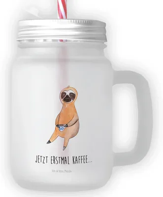 Produktbild von Mr. & Mrs. Panda Glas Faultier Kaffee - Transparent - Geschenk, Morgenmuffel, Mason Jar, Mit Schraubdeckel, Coffee, Kaffeetasse, deckel, Becher Strohhalm, Cocktailglas