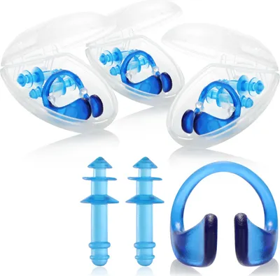 Produktbild von com-four® 4x Set mit Nasenklammer und Ohrenstöpsel für Schwimmer - Nasenclip und Gehörschutz Schwimmen - Nasenklemme für Kinder und Erwachsene