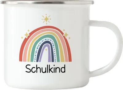 Produktbild von Schulkind Emaille Tasse Einschulungsgeschenk Grundschule 1. Klasse Schulstart Sterne Regenbogen