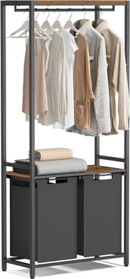 Produktbild von VASAGLE Wäschekorb, 2-teiliger Wäschekorb mit 2 Einlegeböden, auszieh- und herausnehmbarem Einsatz, Kleiderstange, 2 x 46 l, 73 x 33 x 177 cm