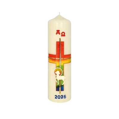 Produktbild von Osterkerze Regenbogenkreuz, Lamm mit A und O mit aktueller Jahreszahl 220 x Ø 60 mm