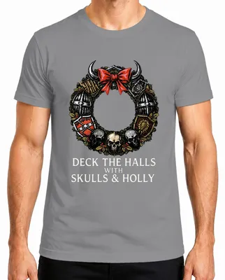 Produktbild von Deck The Halls With Skulls And Holly Gothic Metal Kranz Totenkopf Herren T-Shirt, Grau, S