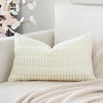 Produktbild von Set mit 1 Kissenbezug im Boho-Streifenmuster, einfarbiger Dekokissenbezug, Sofakissen, 30 x 50 cm, weiches Sofakissen für Wohnzimmer und Schlafzimmer, cremefarben-beige