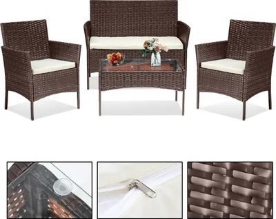 Immagine prodotto di Set di mobili da giardino Jayseuw in 4 pezzi, mobili da balcone con cuscini, set da balcone in polyrattan con poltrona e tavolo, set di sedute per terrazza, mobili in rattan per balcone, giardino, veranda, marrone
