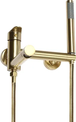 A gold-colored bathtub faucet with a handheld showerhead, mounted on a white background.