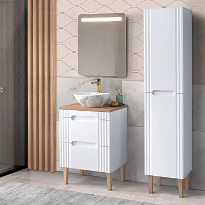 Produktbild von Badmöbelset weiß 60cm Waschtisch mit Waschbecken, Hochschrank, LED-Spiegel, FAIRFIELD-56
