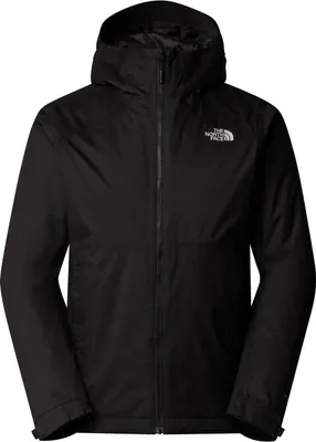 A black North Face jacket is shown front and center against a white background.