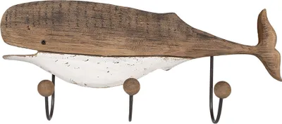 Zdjęcie produktu dla Clayre & Eef wieszak ścienny 3 haczyki wieloryb 53x10x23 cm brązowy biały drewno