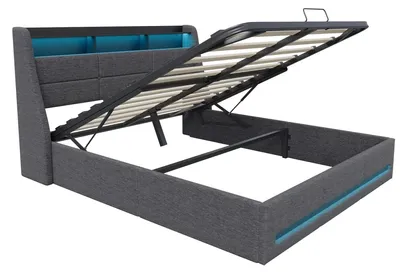 Image de Lit avec sommier tapissé - Lit double 160x200 cm - Avec coffre de rangement intégré et système à ressort à gaz - Éclairage LED - Tête de lit avec ports USB et espace de rangement - Structure en bois - Gris