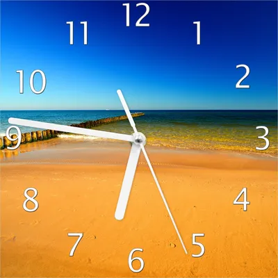 Produktbild von Wallario Design Wanduhr Sandstrand in orange - Blaues Meer - Blauer Himmel aus Echtglas, Größe 20 x 20 cm