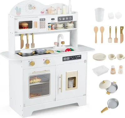 Imagen del producto de Cocina de juguete para niños, de madera, con 17 accesorios, que incluye horno, máquina de helados, microondas y cocina