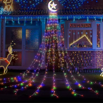Produktbild von Weihnachtsbaum Lichterkette Innen mit Mond und Stern, Weihnachtsbeleuchtung 350 LEDs 8 modi, Bunt Christbaumbeleuchtung mit 9 Strängen 3,47M