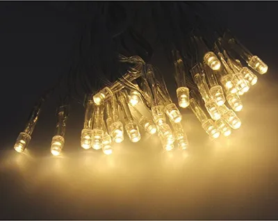 A close-up shot of a string of warm white LED lights on a dark background.