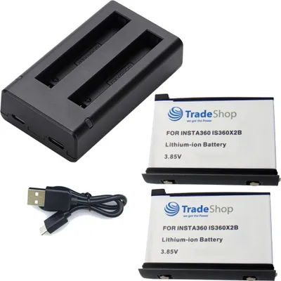Produktbild von Trade-Shop 3in1 Set: 2x Akku + Doppel Dual LED Ladegerät inkl. Micro-USB-Kabel passend für IS360X2B CINOSBT CINOSBT/A kompatibel mit Insta360 ONE X2 Kamera