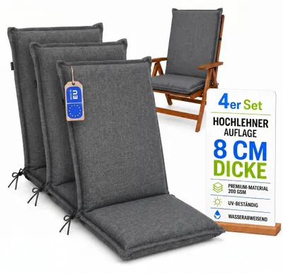 Produktbild von Pillows24 - 4x Hochlehner Auflagen 120x50x8 cm | Bequeme & Wetterfeste Gartenstuhlauflagen | Sitzkissen für Gartenmöbel | EU | Dunkelgrau