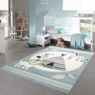 Produktbild von Kinderzimmer Teppich Spielteppich Indianer Zelt Löwe Zebra Kaktus blau creme grau Größe - 200 x 290 cm