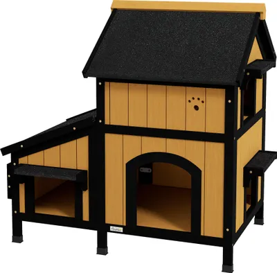 Produktbild von Katzenhaus mit Blumenkasten - Gelb, Weiß, Schwarz - 96x65x85,5 cm - Gemütliche Katzenhöhle & Katzenhütte für Innenbereich