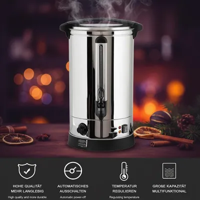 A stainless steel hot beverage dispenser with steam rising from the top, set against a blurred background of warm lights and festive decorations.