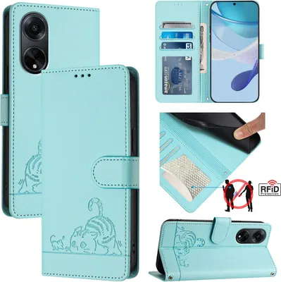 Produktbild von Leder Hülle für Oppo A98 5G Süße Katze Flip Case Brieftasche Schutzhülle mit Standfunktion hellgrün