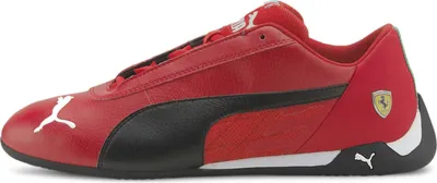 A side view of a red and black Puma Scuderia Ferrari R-Cat sneaker.