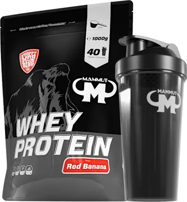 Produktbild von Mammut Nutrition - Whey Protein 1000 g Beutel - 40 Portionen Eiweiß + GRATIS Protein Shaker, Geschmack: Red Banana